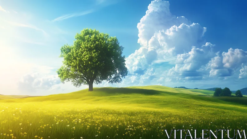 Solitary oak dominates sunlit meadow under sculpted cumulus
