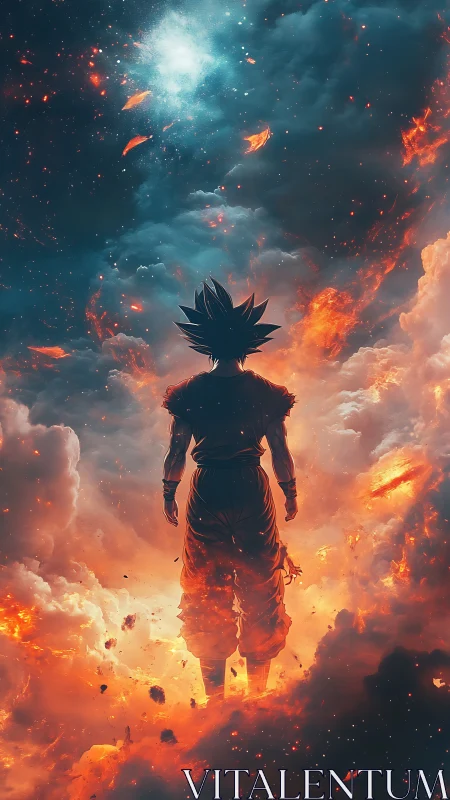 Starlit warrior ascending through flaming nebula clouds.