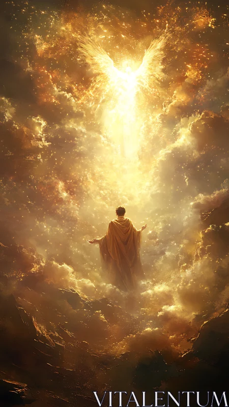 Radiant celestial figure welcomes a lone seeker in golden light