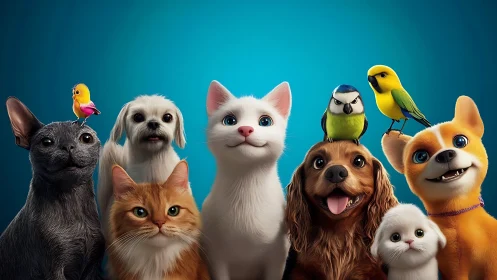 Playful Pet Group Portrait Against Vibrant Blue Background.