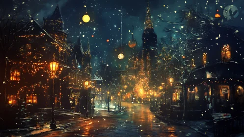 Snowfall glows above a festive old town street at night
