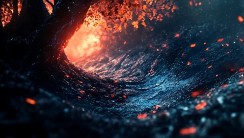 Blazing Tunnel Portal with Swirling Fire and Ice