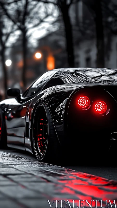 Low-angle view shows black sports car with red LED taillights