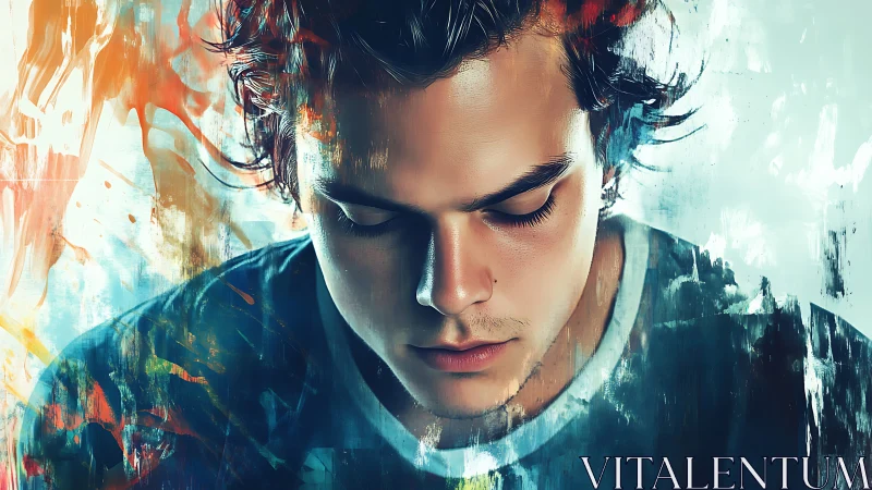 Contemplative male portrait merges realism with abstract color fields