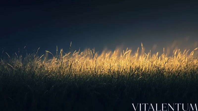 Backlit grass blades in low light transitional landscape scene.