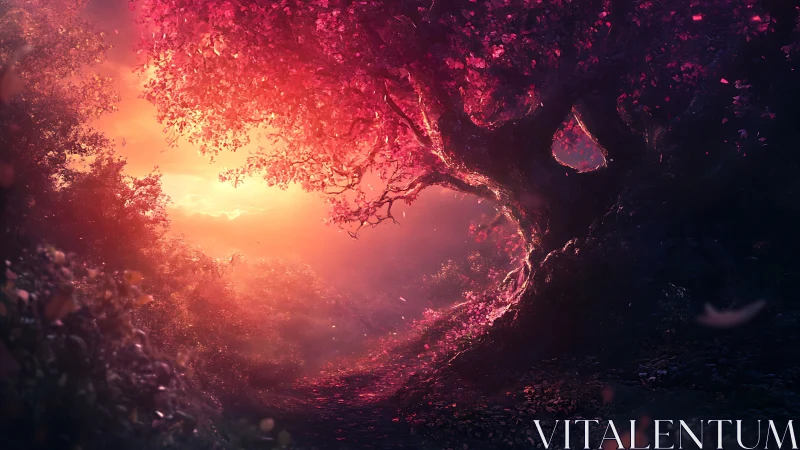 Crimson dreamtree gateway glows over a twilight forest path.