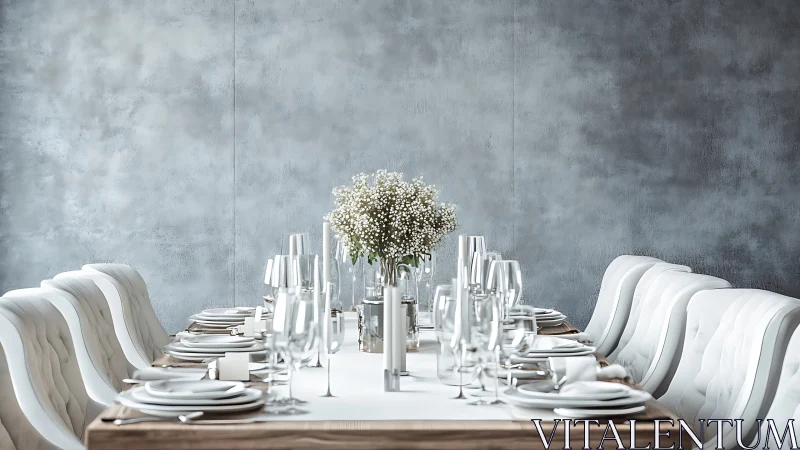 Minimalist formal dining table with white floral centerpiece decor