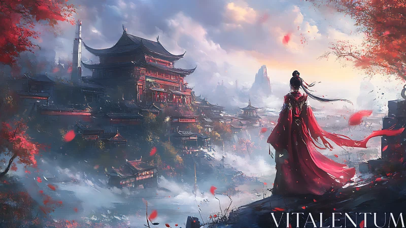 Solitary robed figure observing misty temple complex skyline.