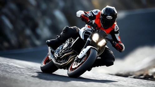 Sunlit mountain curve with a spirited sportbike rider leaning in.