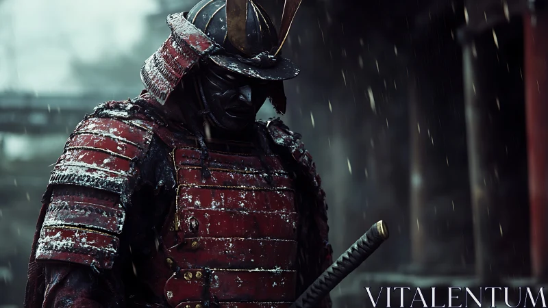 Snow-dusted samurai in crimson armor under cold rain.