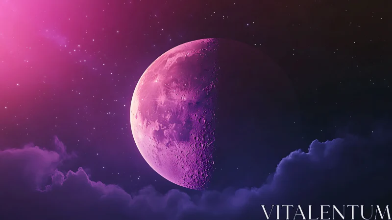 Dreamy half moon glows softly in a violet starry sky