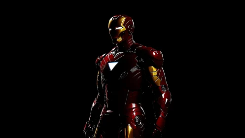 Shining red armor hero standing bold in deep black space.