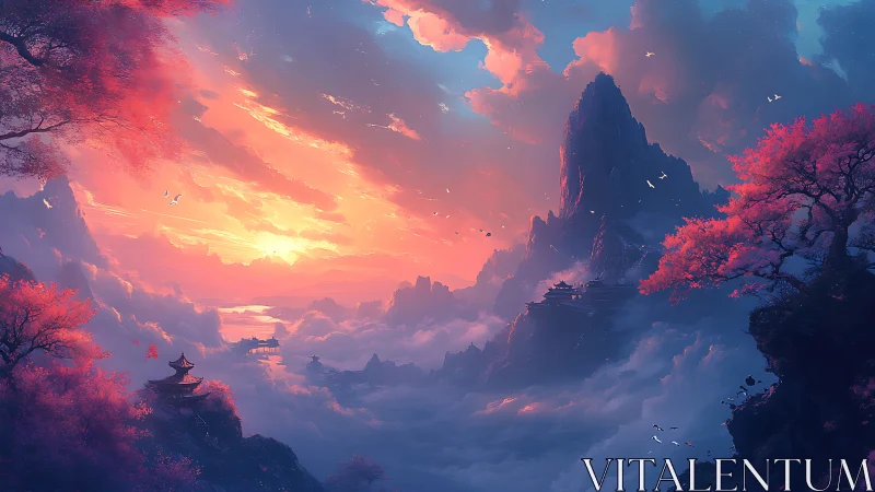 Sunlit fantasy mountains emerge above iridescent cloud seas