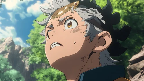 Determined anime boy looks upward under bright forest sky