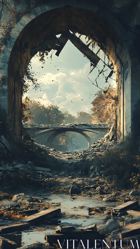 Ruined stone archway frames distant collapsed bridges