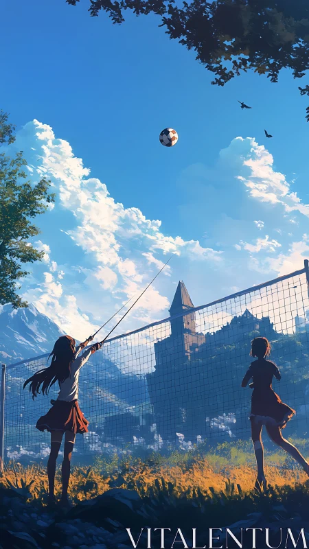 Schoolgirls retrieve soccer ball under vast summer sky.