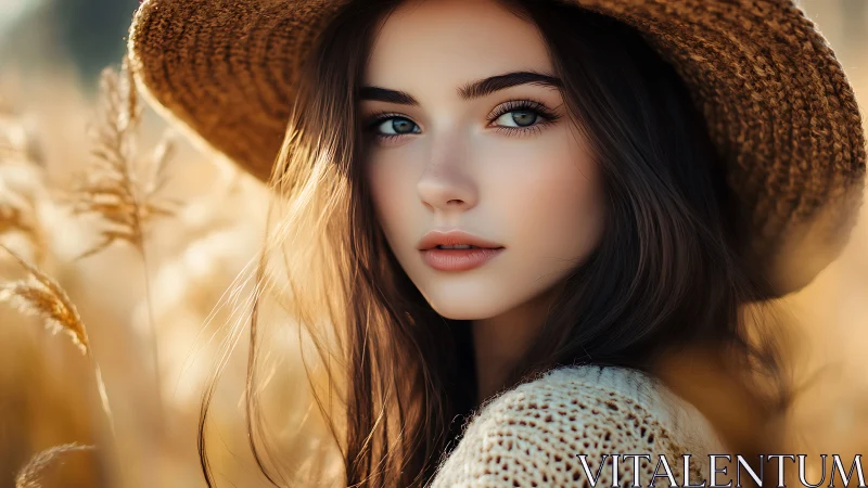 Young woman in straw hat within softly lit field scene.