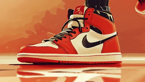 Red and white high-top basketball sneaker close-up on court.