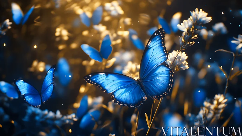 Bioluminescent blue butterflies in bokeh-illuminated meadow field.