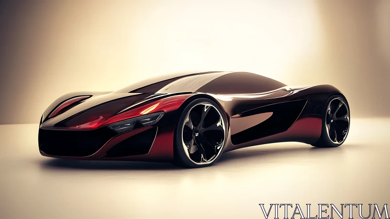 Futuristic red concept supercar glows under warm studio lights.