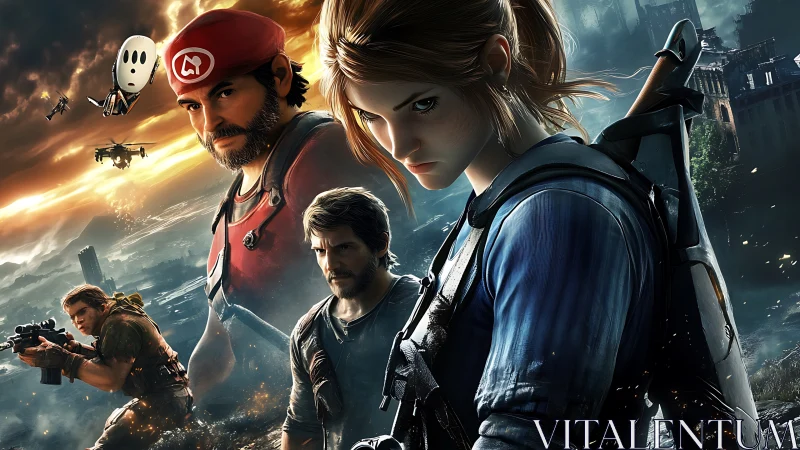 Storm-lit heroes stand united in a tense urban battlefield