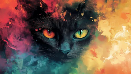 Mystical Cat with Golden Eyes Glowing in Vibrant Color Swirls