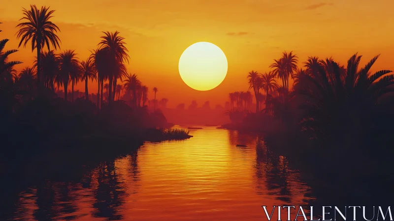 Sunset over palm-lined tropical river in orange light.