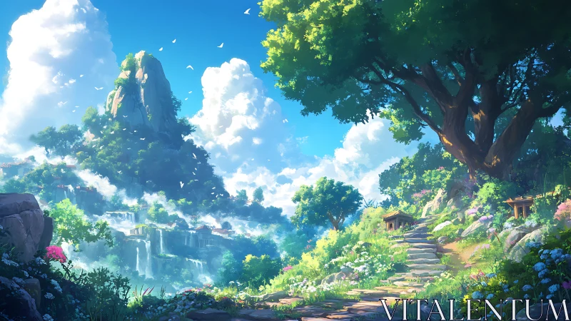 Lush mountain valley with waterfalls and stone path under tree