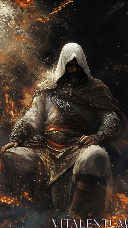 Hooded warrior sits enthroned amid burning embers and ash.