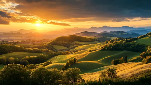 Golden sunset light sweeps across rolling green hills.