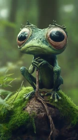 Gentle big eyed frog resting on mossy forest perch.