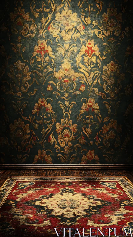 Textured vintage interior with ornate rug and damask wall.