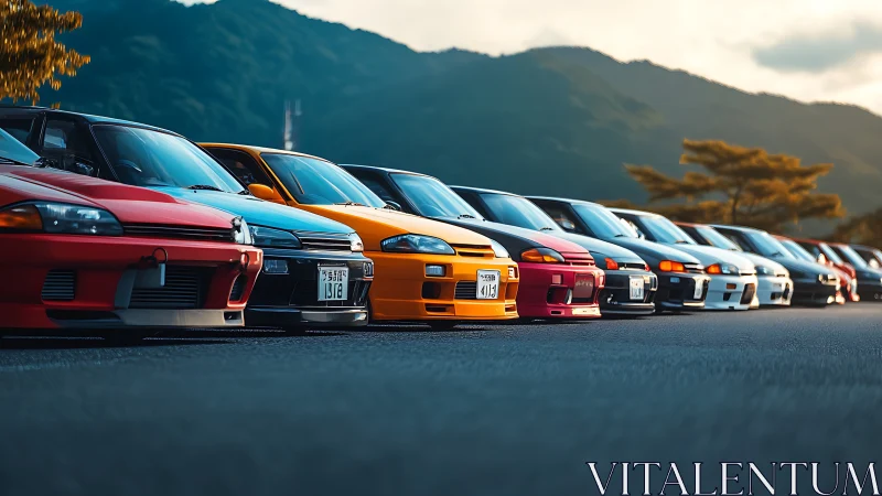 Sunlit lineup of tuned Japanese sports cars at mountain meet.