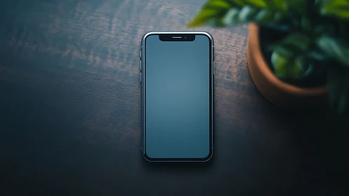 Smartphone on dark wooden surface with potted succulent nearby.