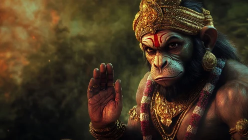 Highly detailed simian deity portrait with ornate gold regalia