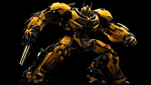 Armored yellow combat mech braces for dynamic battle stance.