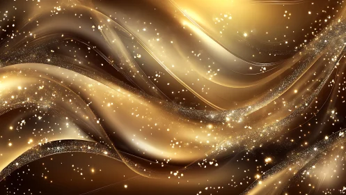 Golden abstract waves curve across frame with bright sparkles