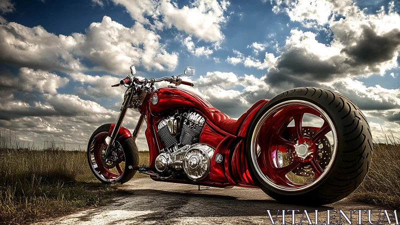 Custom red chopper motorcycle dominates dramatic country sky.