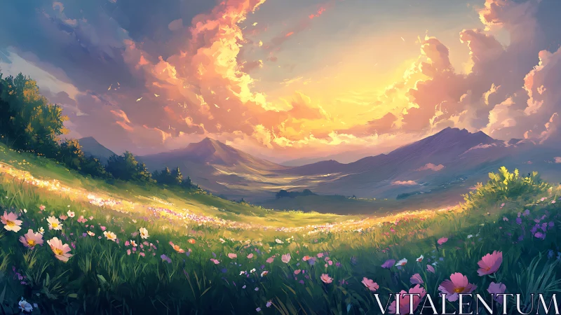 Sunlit wildflower valley beneath luminous pastel clouds.