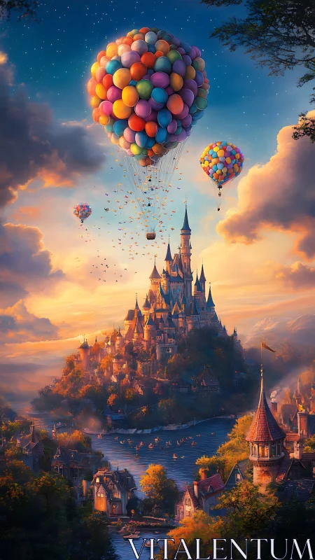 Dreamy castle escape with colorful balloon-filled skies.