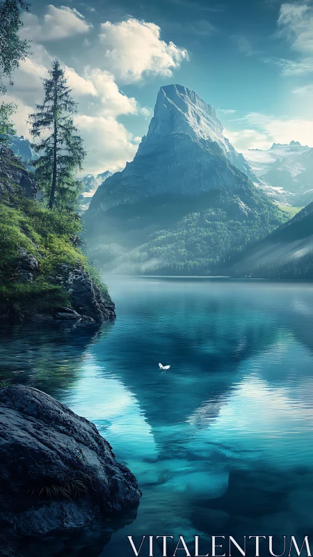 Towering alpine peak mirrored in crystalline lake stillness.