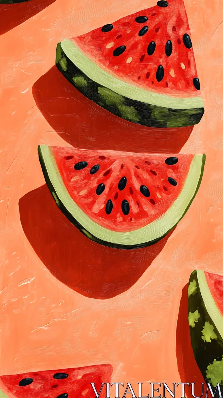 Watermelon wedges lie on peach background casting shadows