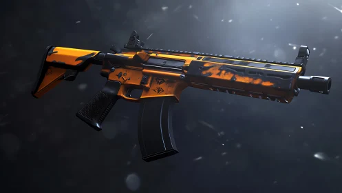 Ballistic carbine render with high-gloss orange tactical chassis.