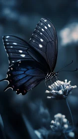 Blue-toned butterfly on flower in shallow-focus field.