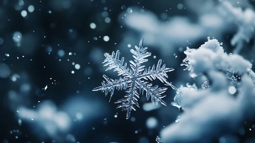 Macro snowflake closeup against soft winter bokeh background.
