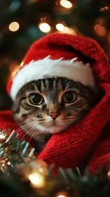 Photorealistic festive kitten portrait with bokeh lighting.