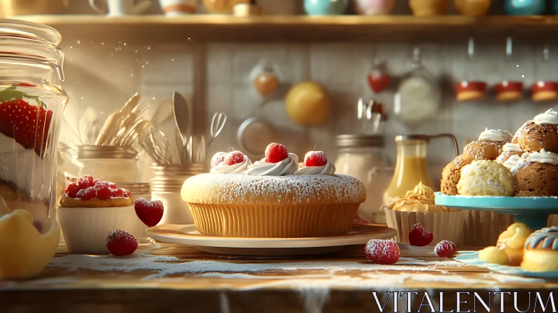 Sunlit Bakery Counter: Artisan Cakes and Fresh Berries