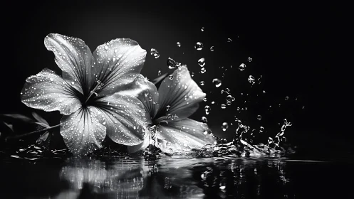 Delicate Petals Meet Cascading Water in Monochrome Drama