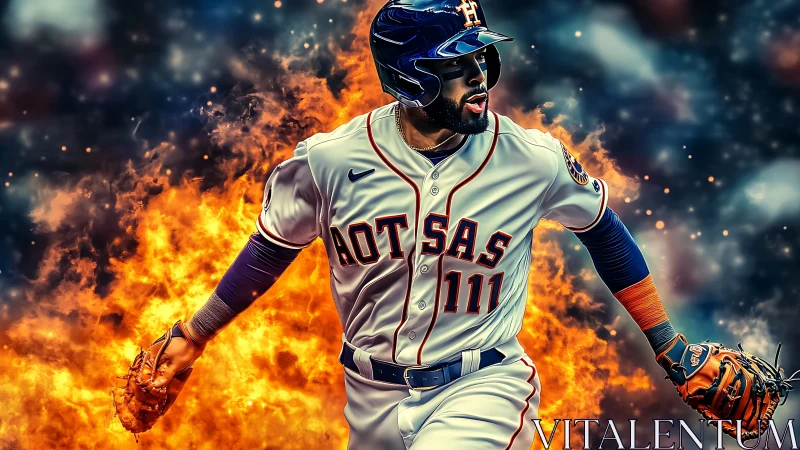 Baseball player charges forward through blazing stadium fire