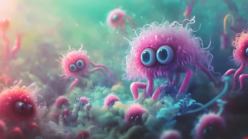 Pink fuzzy creatures in soft underwater style environment.